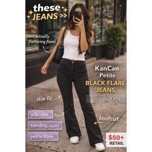Kancan Petite Black Flare Jeans S 7/27 High Rise Stretch Slim Bootcut Clean Hem